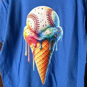 Gildan Bright Blue Kids Tee with Colorful Baseball Ice Cream Graphic